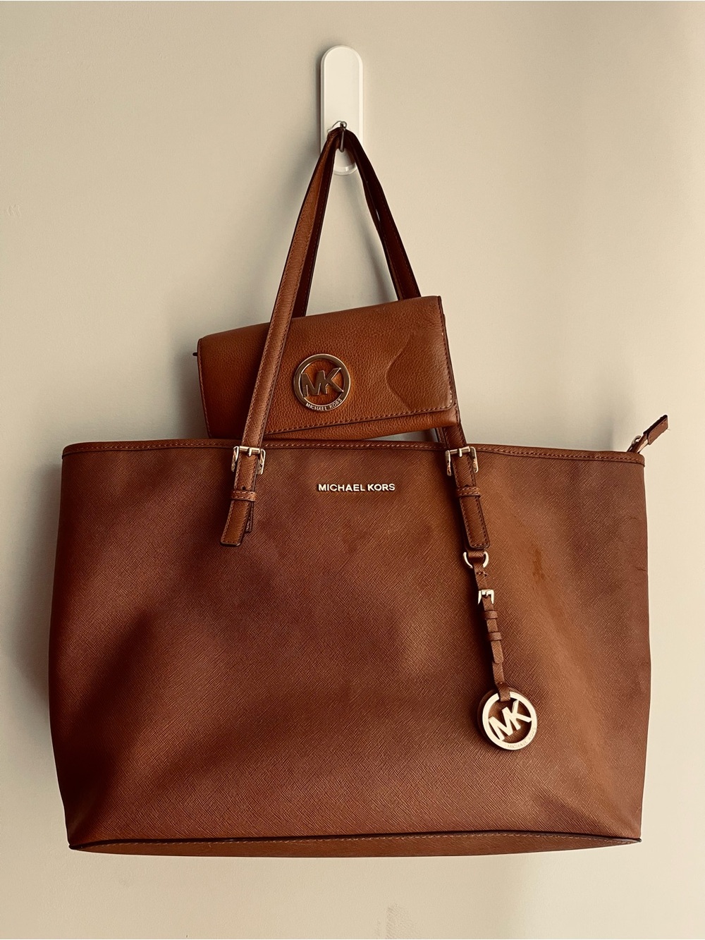 Michael Kors Cognac Brown Leather Tote with Wallet and MK Charm